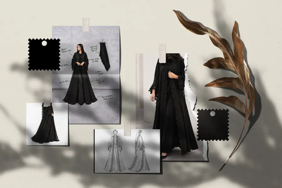 Kohl&rsquo;s moodboard: black swatches, the look with notes on the slits and the lace, and front and back sketches.