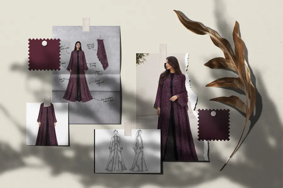 Layali&rsquo;s moodboard: deep aubergine swatches, the look with notes on the lace, and front and back sketches.