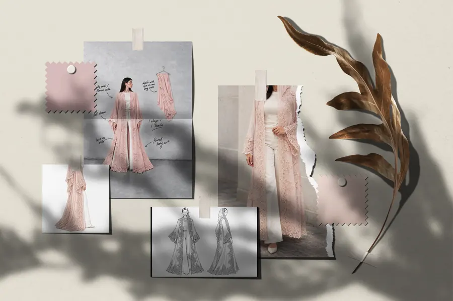 Maward&rsquo;s moodboard: pale blush swatches, the look with notes on the lace through the body, and front and back sketches.