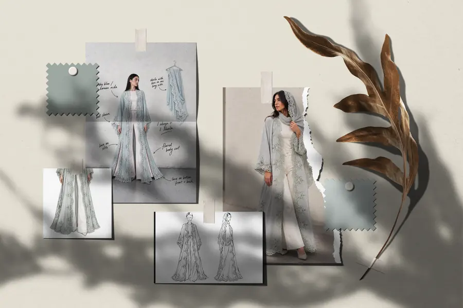 Sama&rsquo;s moodboard: powder-blue swatches, the look with notes on where the lace runs, and front and back sketches.
