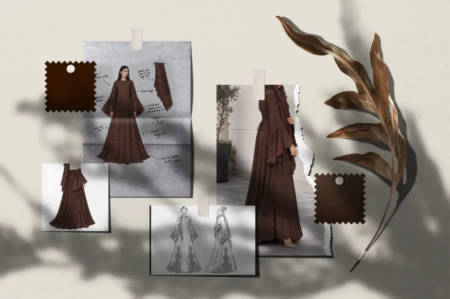 Tamr&rsquo;s moodboard: espresso swatches, the closed look with notes on the flared sleeves and the laced back, and front and back sketches.