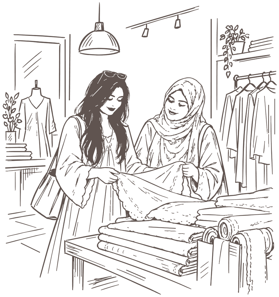 A sketch of Suha and her mother choosing lace together in a fabric shop.