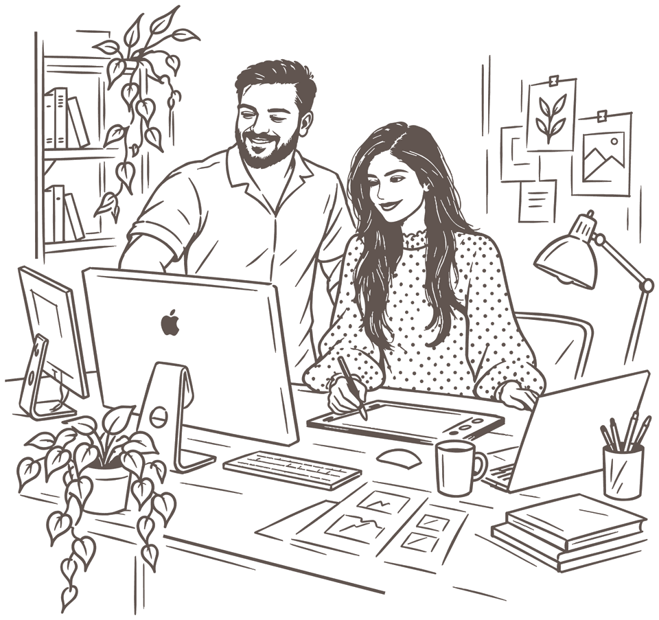 A sketch of Suha drawing at her desk, her husband beside her.